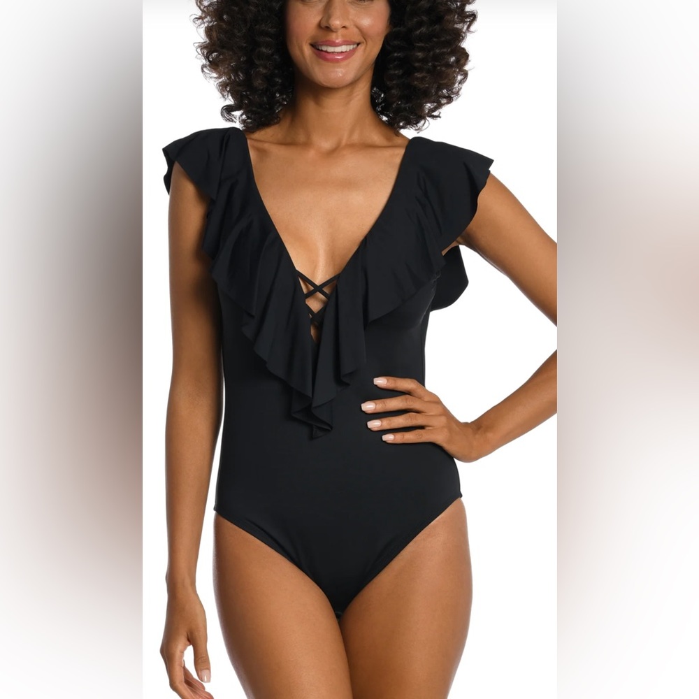 La Blanca Island Goddess Ruffle Plunge BURGUNDY